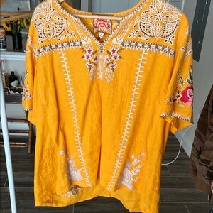 Johnny Was Yellow Embellished Flutter Sleeve Top